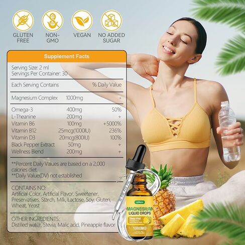 قطرة سائل جليسينات المغنيسيوم، 1000 مجم مكمل مغنيسيوم مع سائل سترات المغنيسيوم، أوميغا 3، ب6، ب12، د3، مغنيسيوم مهدئ للطاقة والنوم وصحة الأعصاب والقلب، نكهة الأناناس، 2 أونصة سائلة in Saudi Arabia