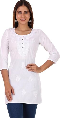 ladyline Lakhnavi Embroidered Cotton Womens Tunic Top Elegant Short Kurti Hip Length (CEK NJLS) in Saudi Arabia