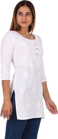 ladyline Lakhnavi Embroidered Cotton Womens Tunic Top Elegant Short Kurti Hip Length (CEK NJLS) in Saudi Arabia