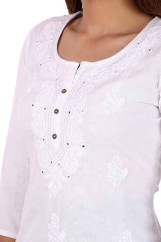 ladyline Lakhnavi Embroidered Cotton Womens Tunic Top Elegant Short Kurti Hip Length (CEK NJLS) in Saudi Arabia