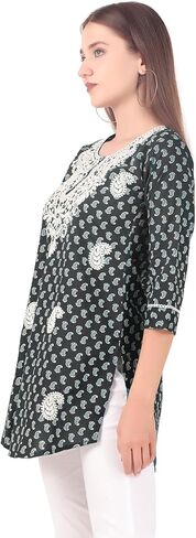 ladyline Lakhnavi Embroidered Cotton Womens Tunic Top Elegant Short Kurti Hip Length (CEK NJLS) in Kuwait