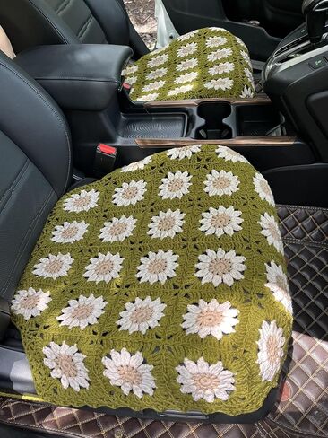 Handmade Crochet Sunflower Car Seat Cover Front Bottom Seat Cushion Cover,Universal Fit Vehicles Sedans SUVS Vans Trucks -2 Piece (Mustard Green) in Saudi Arabia