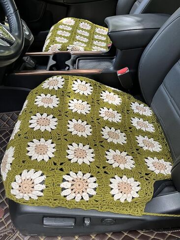 Handmade Crochet Sunflower Car Seat Cover Front Bottom Seat Cushion Cover,Universal Fit Vehicles Sedans SUVS Vans Trucks -2 Piece (Mustard Green) in Saudi Arabia