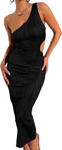 فستان صيفي للسيدات من Uni Clau بكتف واحد متوسط ​​الطول وملمس مثير بدون أكمام وخصر مقصوص للعطلات in Kuwait