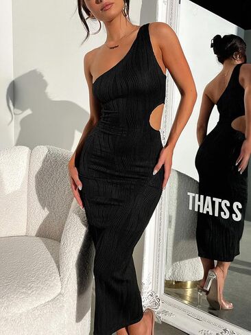 فستان صيفي للسيدات من Uni Clau بكتف واحد متوسط ​​الطول وملمس مثير بدون أكمام وخصر مقصوص للعطلات in Kuwait