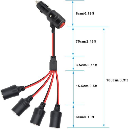 12V 24V 1 to 4 Car Cigarette Lighter Plug Splitter Adapter with On Off Switch,4 Way Y Cigarette Lighter Socket Power Cord with 15A Fuse(30cm/1ft) in Kuwait