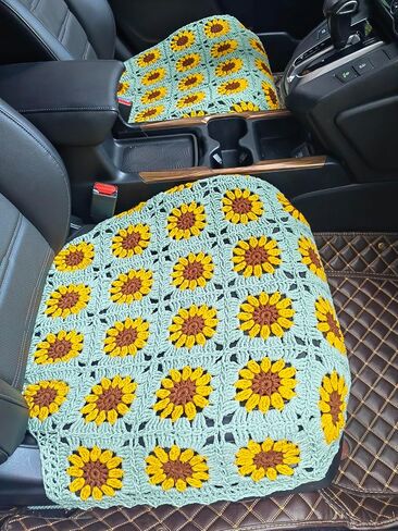 غطاء مقعد السيارة المصنوع يدويًا من الكروشيه على شكل عباد الشمس، غطاء وسادة المقعد الأمامي السفلي، مناسب عالميًا للمركبات السيدان وسيارات الدفع الرباعي والشاحنات والشاحنات - قطعتان (أخضر خردل) in Kuwait