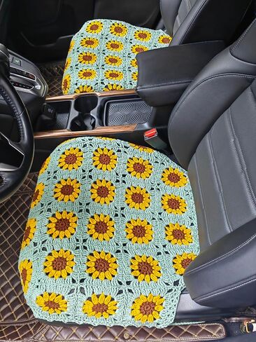 غطاء مقعد السيارة المصنوع يدويًا من الكروشيه على شكل عباد الشمس، غطاء وسادة المقعد الأمامي السفلي، مناسب عالميًا للمركبات السيدان وسيارات الدفع الرباعي والشاحنات والشاحنات - قطعتان (أخضر خردل) in Kuwait
