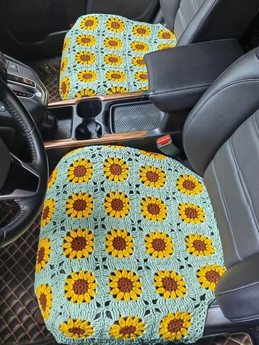 غطاء مقعد السيارة المصنوع يدويًا من الكروشيه على شكل عباد الشمس، غطاء وسادة المقعد الأمامي السفلي، مناسب عالميًا للمركبات السيدان وسيارات الدفع الرباعي والشاحنات والشاحنات - قطعتان (أخضر خردل) in Kuwait