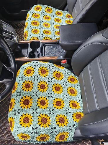 غطاء مقعد السيارة المصنوع يدويًا من الكروشيه على شكل عباد الشمس، غطاء وسادة المقعد الأمامي السفلي، مناسب عالميًا للمركبات السيدان وسيارات الدفع الرباعي والشاحنات والشاحنات - قطعتان (أخضر خردل) in Kuwait