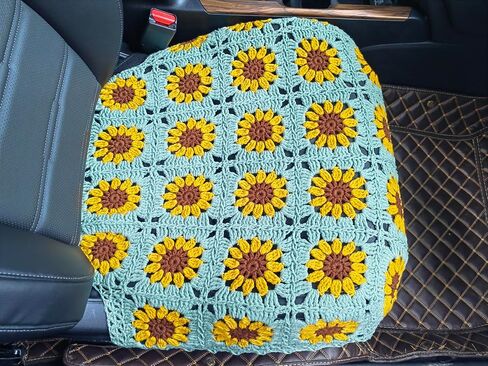 غطاء مقعد السيارة المصنوع يدويًا من الكروشيه على شكل عباد الشمس، غطاء وسادة المقعد الأمامي السفلي، مناسب عالميًا للمركبات السيدان وسيارات الدفع الرباعي والشاحنات والشاحنات - قطعتان (أخضر خردل) in Kuwait