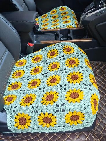 غطاء مقعد السيارة المصنوع يدويًا من الكروشيه على شكل عباد الشمس، غطاء وسادة المقعد الأمامي السفلي، مناسب عالميًا للمركبات السيدان وسيارات الدفع الرباعي والشاحنات والشاحنات - قطعتان (أخضر خردل) in Kuwait