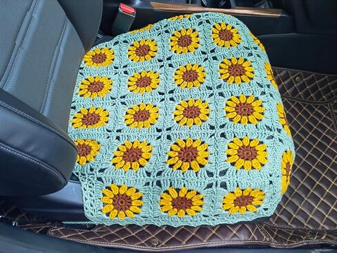 غطاء مقعد السيارة المصنوع يدويًا من الكروشيه على شكل عباد الشمس، غطاء وسادة المقعد الأمامي السفلي، مناسب عالميًا للمركبات السيدان وسيارات الدفع الرباعي والشاحنات والشاحنات - قطعتان (أخضر خردل) in Kuwait