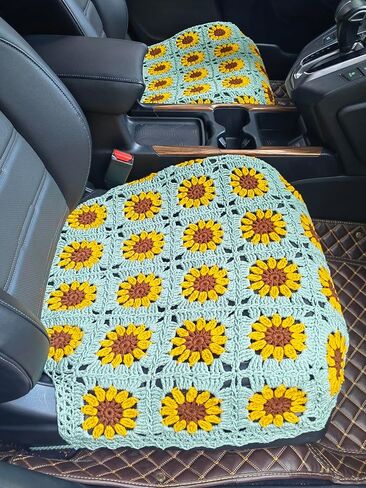 غطاء مقعد السيارة المصنوع يدويًا من الكروشيه على شكل عباد الشمس، غطاء وسادة المقعد الأمامي السفلي، مناسب عالميًا للمركبات السيدان وسيارات الدفع الرباعي والشاحنات والشاحنات - قطعتان (أخضر خردل) in Kuwait