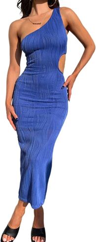 Uni Clau Women's Summer One Shoulder Bodycon Midi Dresses Sexy Texture Sleeveless Waist Cut Out Vacation Dress in Saudi Arabia