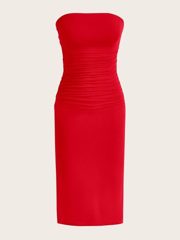OYOANGLE Women's Strapless Sleeveless Split Thigh Ribbed Knit Bodycon Maxi Tube Dress in Saudi Arabia