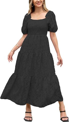 فستان نسائي صيفي قصير بأكمام منتفخة مكشوفة الأكتاف فستان منقوش عليه زهور دانتيل متدفق على شكل حرف A فساتين متوسطة الطول متدرجة in Kuwait