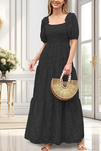 فستان نسائي صيفي قصير بأكمام منتفخة مكشوفة الأكتاف فستان منقوش عليه زهور دانتيل متدفق على شكل حرف A فساتين متوسطة الطول متدرجة in Kuwait