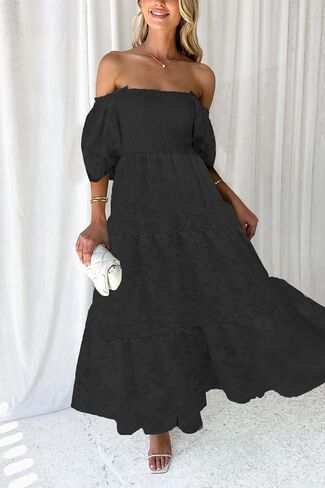 فستان نسائي صيفي قصير بأكمام منتفخة مكشوفة الأكتاف فستان منقوش عليه زهور دانتيل متدفق على شكل حرف A فساتين متوسطة الطول متدرجة in Kuwait