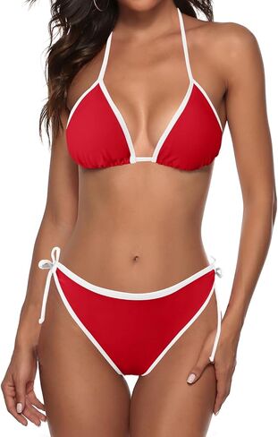 Zonsaoja Women String Bikini Halter Side Tie Two Piece Swimsuit Color Block Triangle Bathing Suits in Saudi Arabia