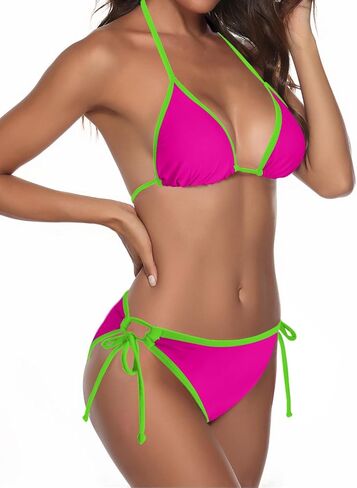 Zonsaoja Women String Bikini Halter Side Tie Two Piece Swimsuit Color Block Triangle Bathing Suits in Saudi Arabia