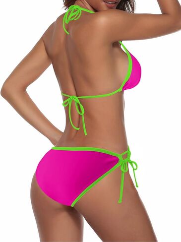 Zonsaoja Women String Bikini Halter Side Tie Two Piece Swimsuit Color Block Triangle Bathing Suits in Saudi Arabia