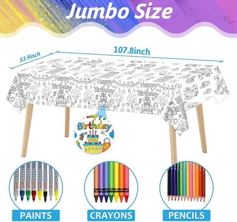 53.9x107.8 Inch Happy Birthday Coloring Tablecloth for Kids Giant Coloring Poster Large Huge Birthday Poster Table Cloth Party Decoration Color Page Sheets Book Crafts Activity for Gift Wall Classroom in Saudi Arabia