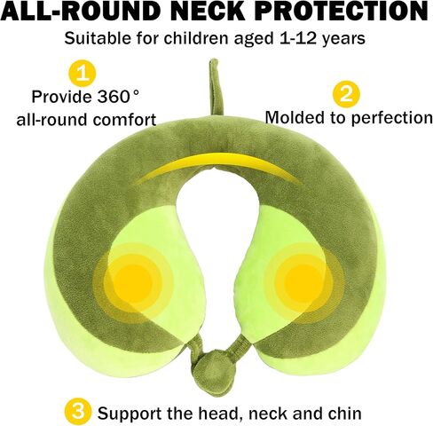 Kids Travel Pillow for Car Seat, Neck Chin Support for Resting Comfortably Supports Head 100% Pure PP Cotton Inserted into Plush Pillowcase, Travel Accessories for Airplane, Car (Green+Yellow) in Kuwait
