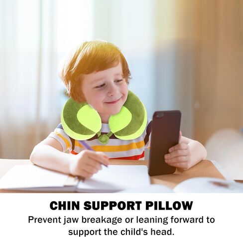 Kids Travel Pillow for Car Seat, Neck Chin Support for Resting Comfortably Supports Head 100% Pure PP Cotton Inserted into Plush Pillowcase, Travel Accessories for Airplane, Car (Green+Yellow) in Kuwait
