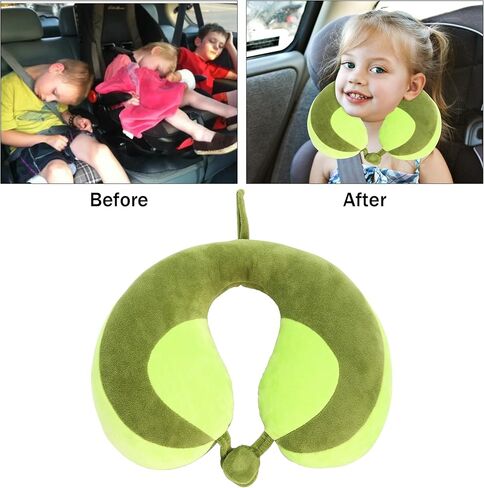 Kids Travel Pillow for Car Seat, Neck Chin Support for Resting Comfortably Supports Head 100% Pure PP Cotton Inserted into Plush Pillowcase, Travel Accessories for Airplane, Car (Green+Yellow) in Kuwait