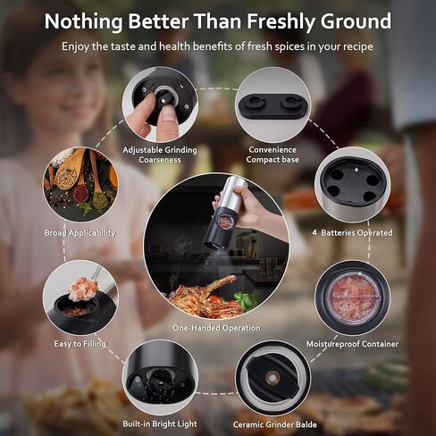 YAYZA! Electric Salt and Pepper Grinder Set, Fast Chargeable Automatic Salt Pepper Grinder Mill Shaker Refillable With Light, Mill Tray, Adjustable Coarseness Stainless Steel Grinder Kitchen Gadgets in Saudi Arabia