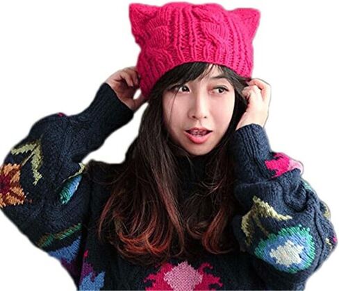 BIBITIME Knitted Dog Ears Hat Women March Pussycat Crochet Beanie Handmade Warm Cap in Saudi Arabia