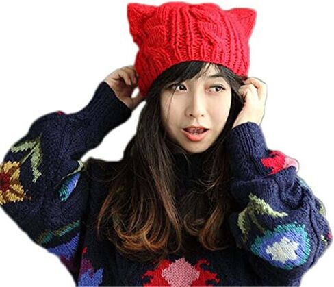 BIBITIME Knitted Dog Ears Hat Women March Pussycat Crochet Beanie Handmade Warm Cap in Saudi Arabia