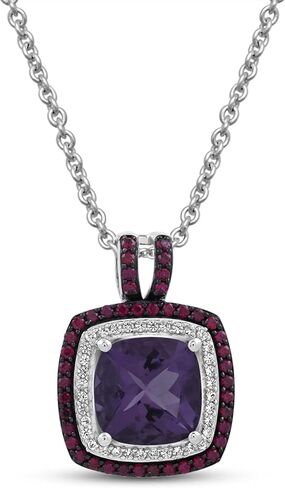 Jewelili Sterling silver 10x10 MM Cushion Shape Amethyst and 1.25 MM Round Created Ruby with Round Created White Sapphire Pendant Necklace, 18" Cable Chain in Saudi Arabia