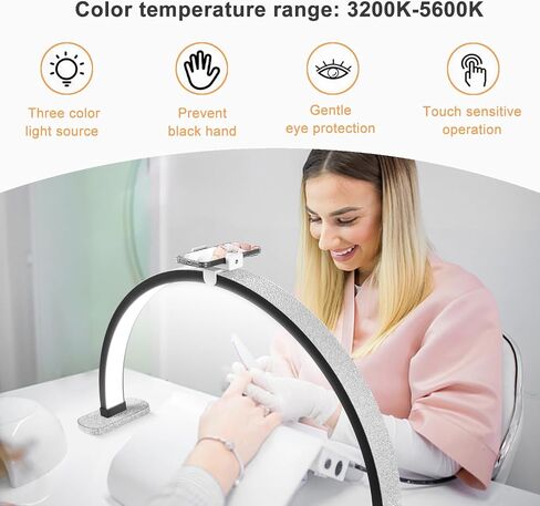 Half Moon Light for Nail Desk, 30 in 40W Half Moon Table Lamp Nail Desk Lamp with Phone Holder for Nail Tech, Beauty, Eyelashes, Tattoos, Crafts, Lash Lamp with Touch Brightness Adjustment in Saudi Arabia