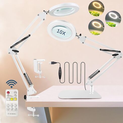 قاعدة ومشبك كبير للمكبر 10X، عدسة مكبرة مع ضوء وحامل، 3 أوضاع للألوان 10 مصابيح مكبرة بذراع متأرجح قابلة للتعديل للعمل عن قرب، والحرف اليدوية، والرسم، والإصلاح. (أبيض) in Kuwait