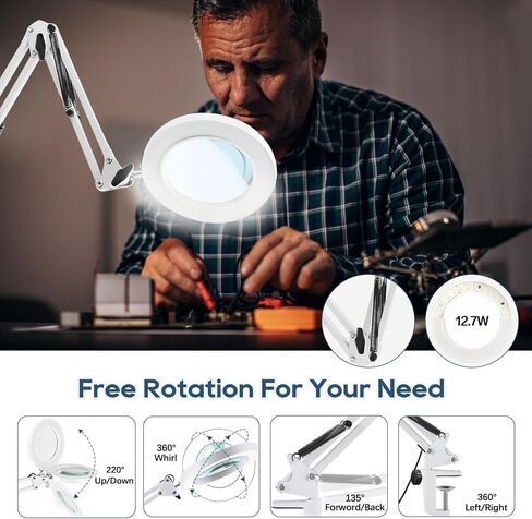 قاعدة ومشبك كبير للمكبر 10X، عدسة مكبرة مع ضوء وحامل، 3 أوضاع للألوان 10 مصابيح مكبرة بذراع متأرجح قابلة للتعديل للعمل عن قرب، والحرف اليدوية، والرسم، والإصلاح. (أبيض) in Kuwait