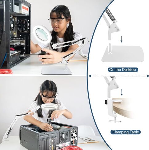 قاعدة ومشبك كبير للمكبر 10X، عدسة مكبرة مع ضوء وحامل، 3 أوضاع للألوان 10 مصابيح مكبرة بذراع متأرجح قابلة للتعديل للعمل عن قرب، والحرف اليدوية، والرسم، والإصلاح. (أبيض) in Kuwait