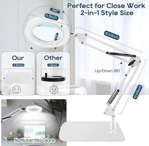 قاعدة ومشبك كبير للمكبر 10X، عدسة مكبرة مع ضوء وحامل، 3 أوضاع للألوان 10 مصابيح مكبرة بذراع متأرجح قابلة للتعديل للعمل عن قرب، والحرف اليدوية، والرسم، والإصلاح. (أبيض) in Kuwait