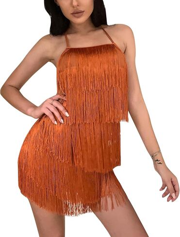 IBTOM CASTLE Women Sexy Fringe Dress Jumpsuit Backless Boho Tassel Tiered Halter Playsuit Night Club Cocktail Bodycon Romper in Saudi Arabia