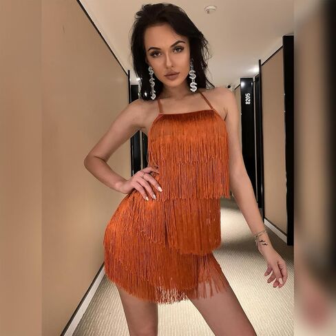 IBTOM CASTLE Women Sexy Fringe Dress Jumpsuit Backless Boho Tassel Tiered Halter Playsuit Night Club Cocktail Bodycon Romper in Saudi Arabia