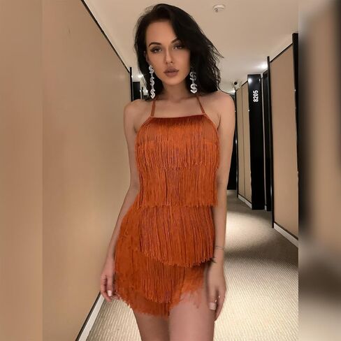 IBTOM CASTLE Women Sexy Fringe Dress Jumpsuit Backless Boho Tassel Tiered Halter Playsuit Night Club Cocktail Bodycon Romper in Saudi Arabia
