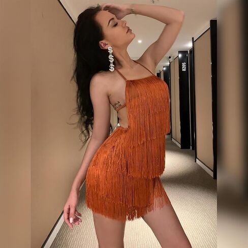 IBTOM CASTLE Women Sexy Fringe Dress Jumpsuit Backless Boho Tassel Tiered Halter Playsuit Night Club Cocktail Bodycon Romper in Saudi Arabia