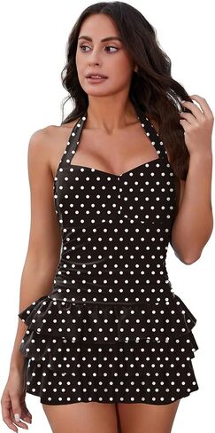 One Piece Swimsuit Ruched Tummy Control Swimdress Retro Swimwear Bathing Suit Skirted Swimsuits for Women in Kuwait