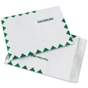 Aviditi Flat First Class Self-Seal Envelopes, 9" x 12", White/Green, Top Opening, Tear and Moisture Resistant Mailer, For Shipping Important Documents, Promotional Materials and Brochures, Case of 100