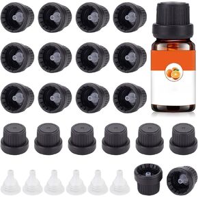BENECREAT 30 Set Black Boston Bottle Cap, 18mm 18 Tooth Plastic Replacement Bottle Cap with Hopper Inner Plug for Essential Oil Bottle and Reagent Bottle