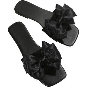 OYOANGLE Women's Bow Decor Square Open Toe Flat Sandals Lightweight Breathable Slip on Dressy Sandals
