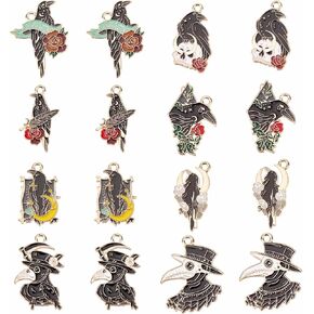 SUNNYCLUE 1 Box 32Pcs Gothic Charms Crow Charm Raven Charms Black Bird Moon Rose Beak Skull Animal Halloween Enamel Alloy Gothic Charm for Jewelry Making Charms Necklace Bracelets Adult DIY Supplies