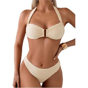 SweatyRocks Women's Two Piece Halter Swimsuit Tie Backless High Cut Bikini Sets Beachwear