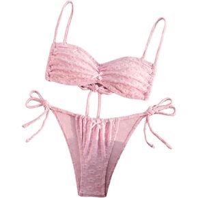 MakeMeChic Women's 2 Piece Bikini Set Bow Knot Ruched Spaghetti Strap Tie Back Swimwear Bathing Suit